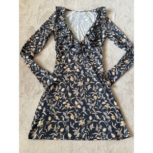WeWoreWhat Size‎ S Floral Mini Dress Ruffle V Neck Long Sleeve Black